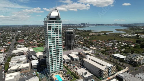 High office building in Takapuna, Auckland. Cityscape of New Zealand aerial panoramic, sunny day. photo