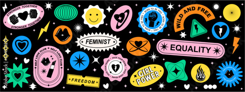 Set Collection of elements patches, labels, tags, stickers, and stamps. Self-love, girl power, female, feminist, girls support girls. Vector set, trendy	
