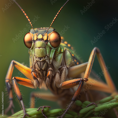 Green grasshopper on a leaf Macro Mantis detailed Insect Photography made with generative AI photo