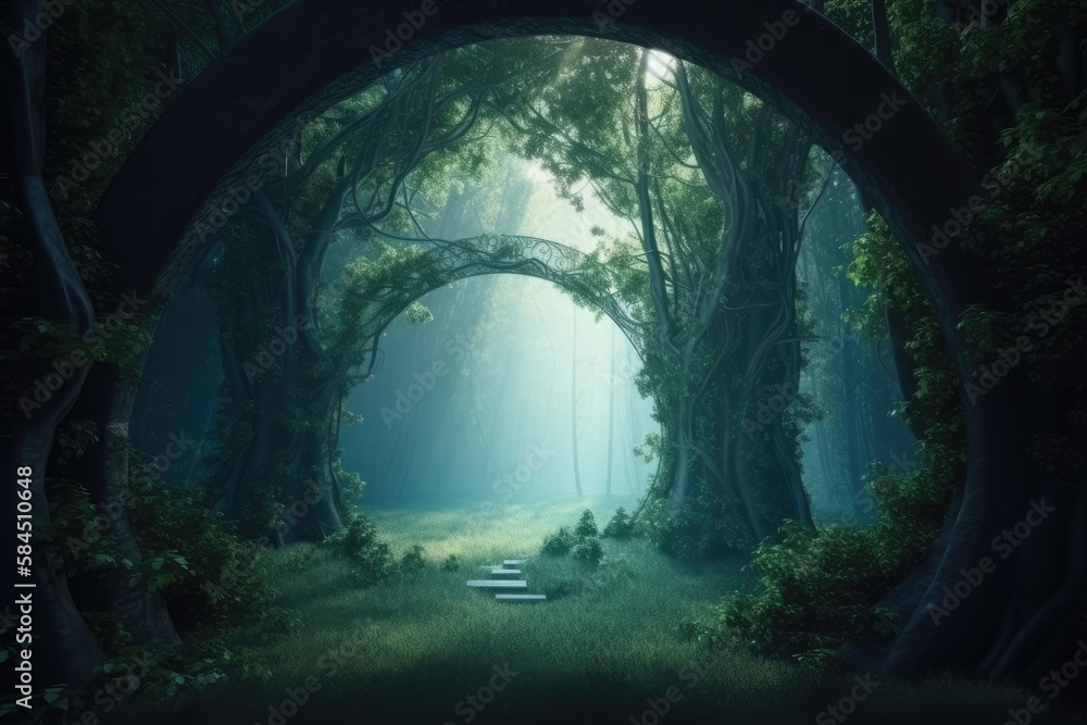 Obraz premium Archway in green forest that leads to another dimension. High quality Generative AI