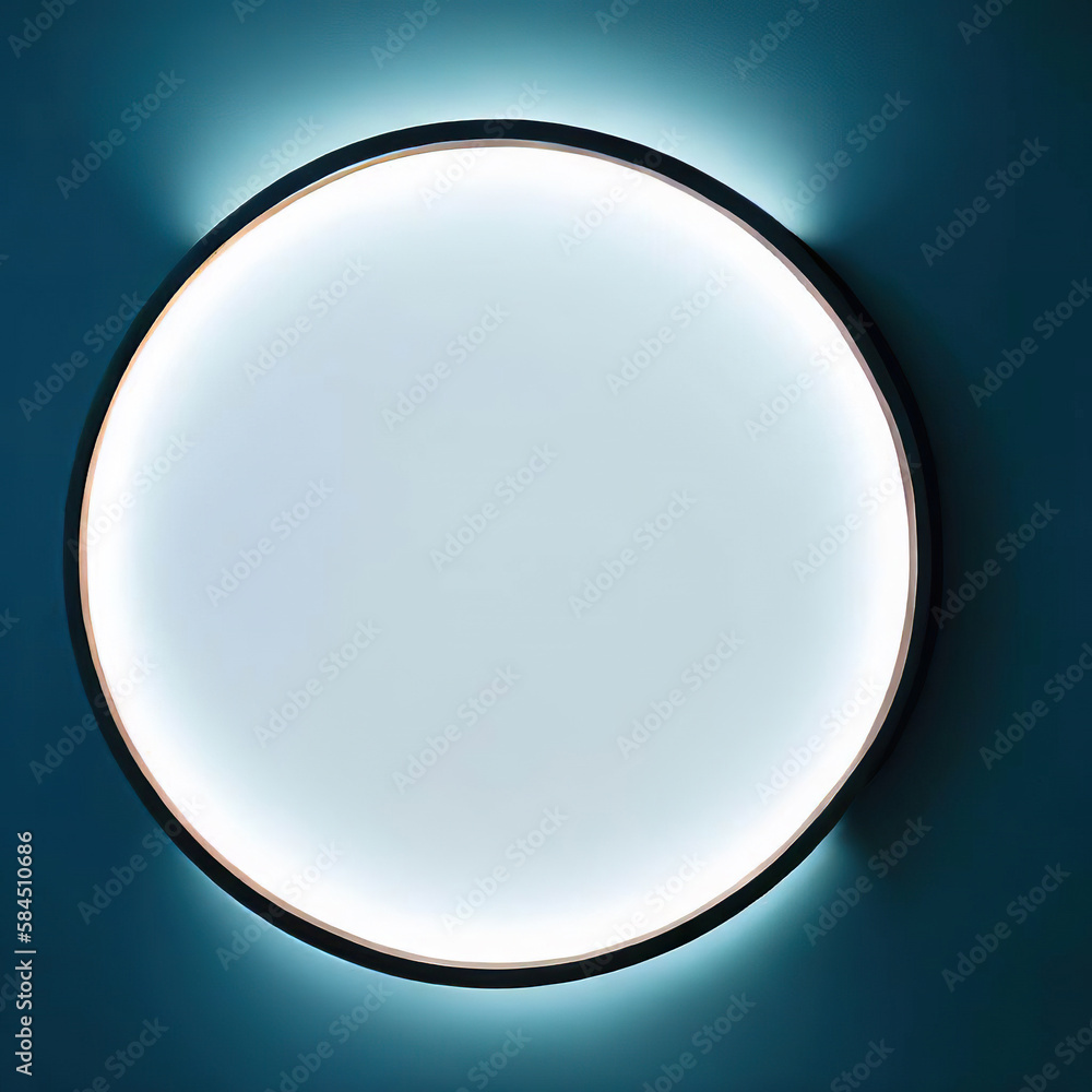 a round blank light box on the blue wall with Generative AI. a round blank light box on the blue wall with Generative AI.