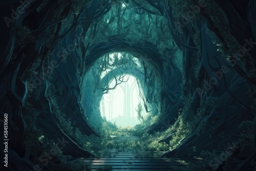 Archway in green forest that leads to another dimension. High quality Generative AI