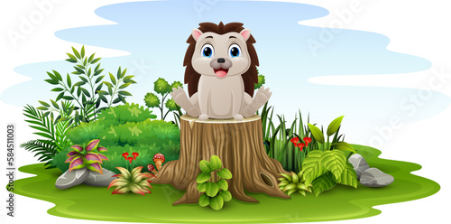 Cartoon baby hedgehog sitting on tree stump
