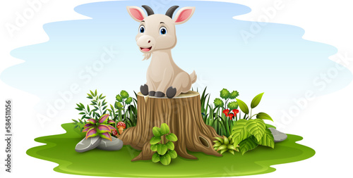 Cartoon baby goat sitting on tree stump