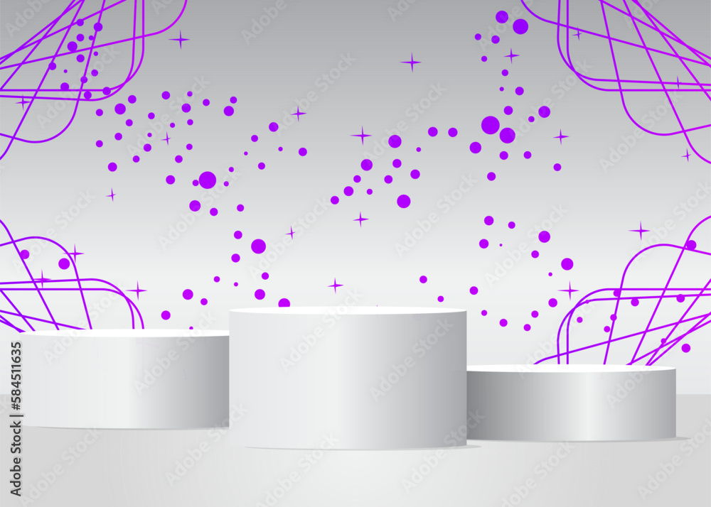 Fototapeta premium Futuristic White and Purple Stage showcase, cylinder pedestal podium. Sci-fi minimal abstract vector 3D room. Mockup product display geometric forms, empty scene for presentation.