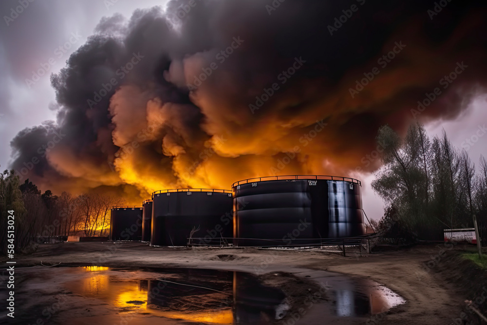 Oil storage fire. The tank farm is burning, black smoke - obrazy, fototapety, plakaty 