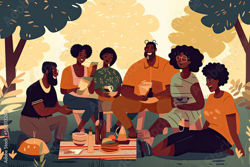 A Black Multigenerational Family and Friends Enjoy a Picnic Together Outside photo