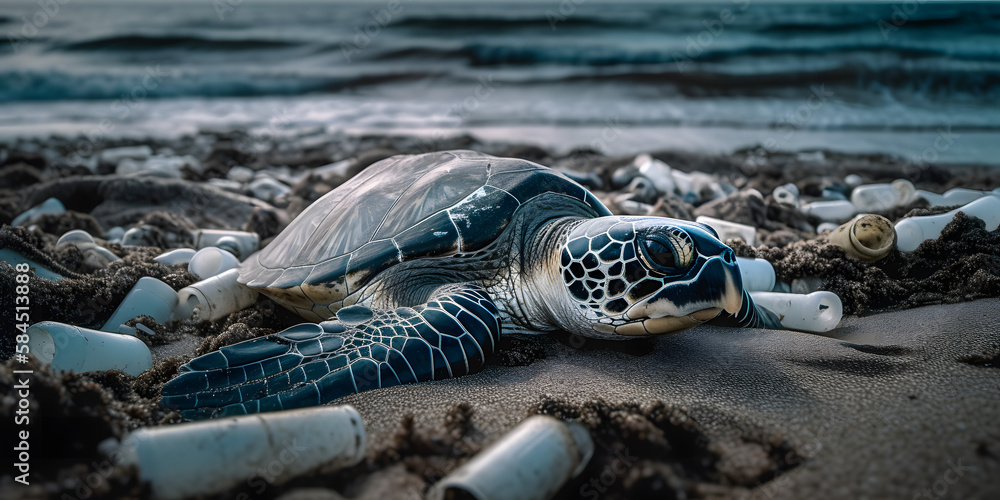 Sea turtle, plastic waste, Ocean pollution impact on ecosystem and ...