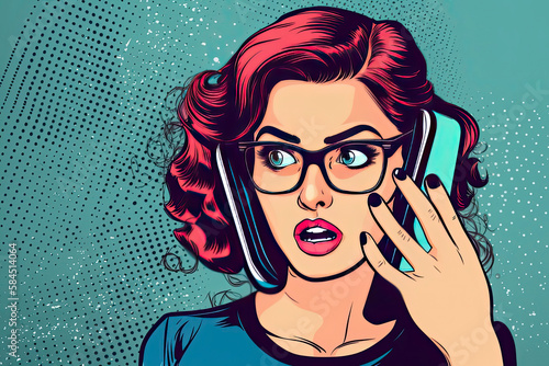 Attractive girl in specs with phone in the hand in comic style. Pop art woman holding smartphone. Digital advertisement female model showing the message or new app on cellphone