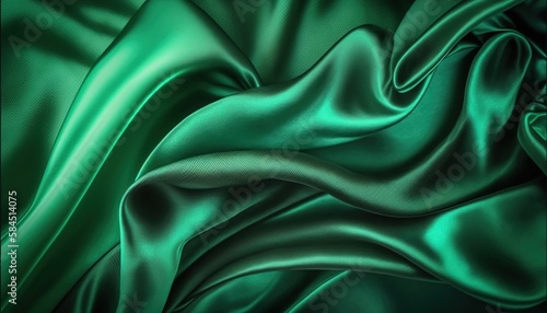 Texture of green silk fabric. Beautiful emerald green soft silk fabric