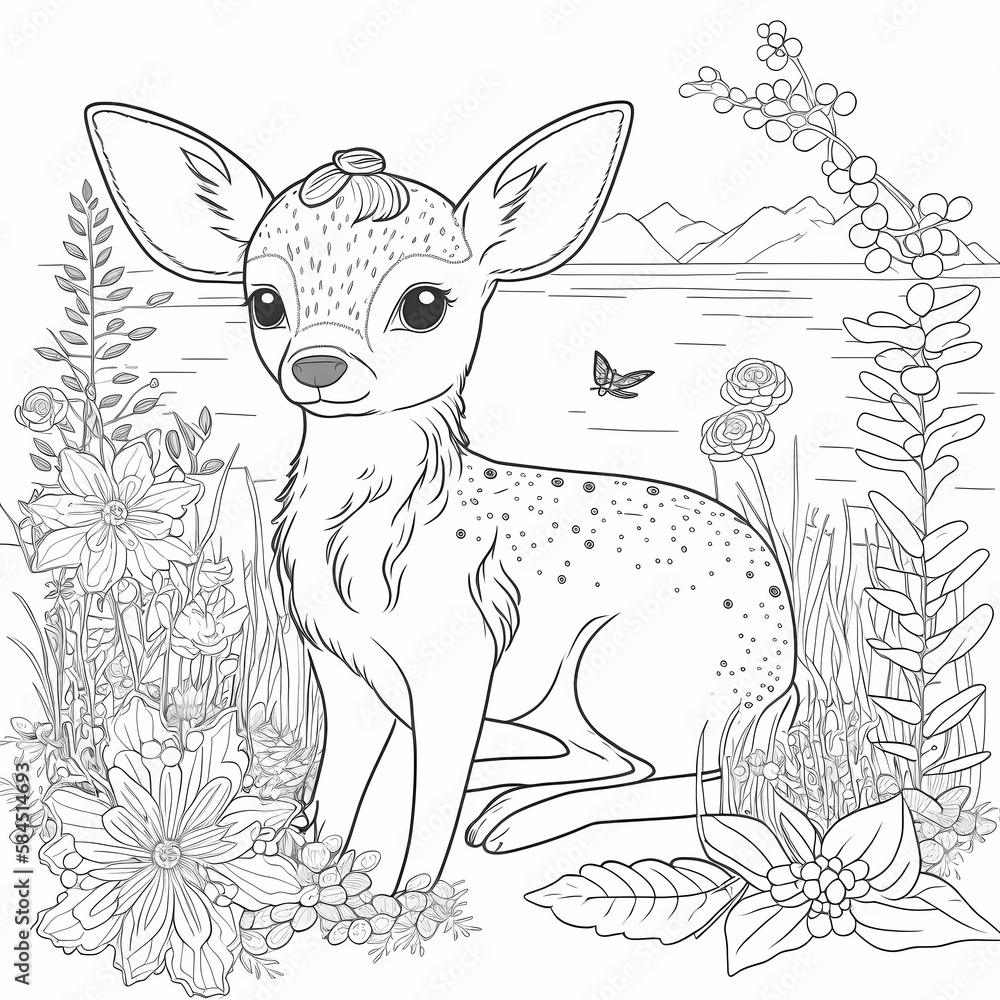 a line coloring page of a cute little deer