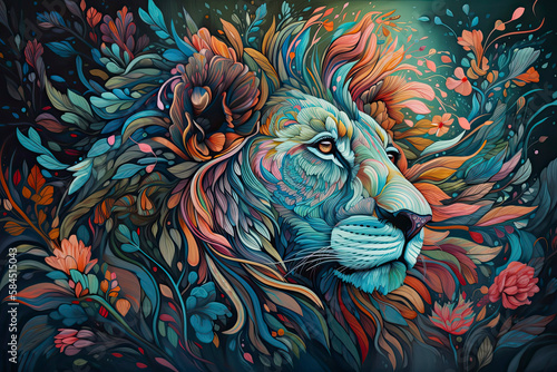 lion head with creative colorful abstract elements