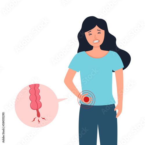 Inflammation of appendicitis in a young woman in flat design on white background.