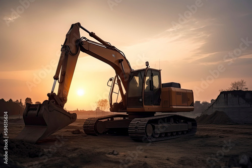 Excavator in construction site on sunset sky