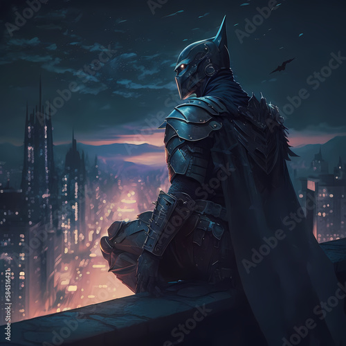 knight warrior watching the city at night from a distance