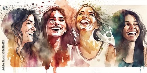 Happy women group for International Women’s day, watercolor of female friend group, watercolor style illustration by Generative Ai