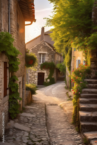 Nestled amongst rolling hills and verdant vineyards, a charming French village sits bathed in the golden light of the setting sun. © PRODM