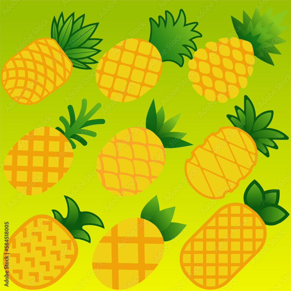 Pineapples icon set. Vector illustration of pineapple for fruit and food design. Graphic resources of fruits for vegetarian, healthy, diet, nutrition and tropical. Ananas comosus fruit illustration Pineapples icon set. Vector illustration of pineapple for fruit and food design. Graphic resources of fruits for vegetarian, healthy, diet, nutrition and tropical. Ananas comosus fruit illustration