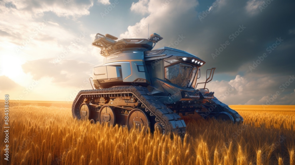 Obraz premium Modern futuristic harvester working on a wheat field. Harvesting the wheat. Generative AI