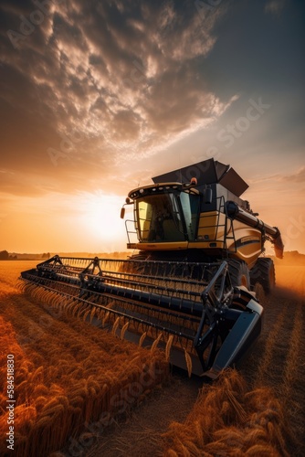 Modern harvester working on a wheat field at sunset. Harvesting the wheat. Generative AI © piai