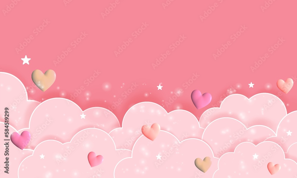 Paper-cut style background image. Pink clouds and small hearts