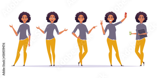 Charming African American girl or woman in different poses, takes a selfie, drinks coffee, points to something. Modern cartoon flat style.