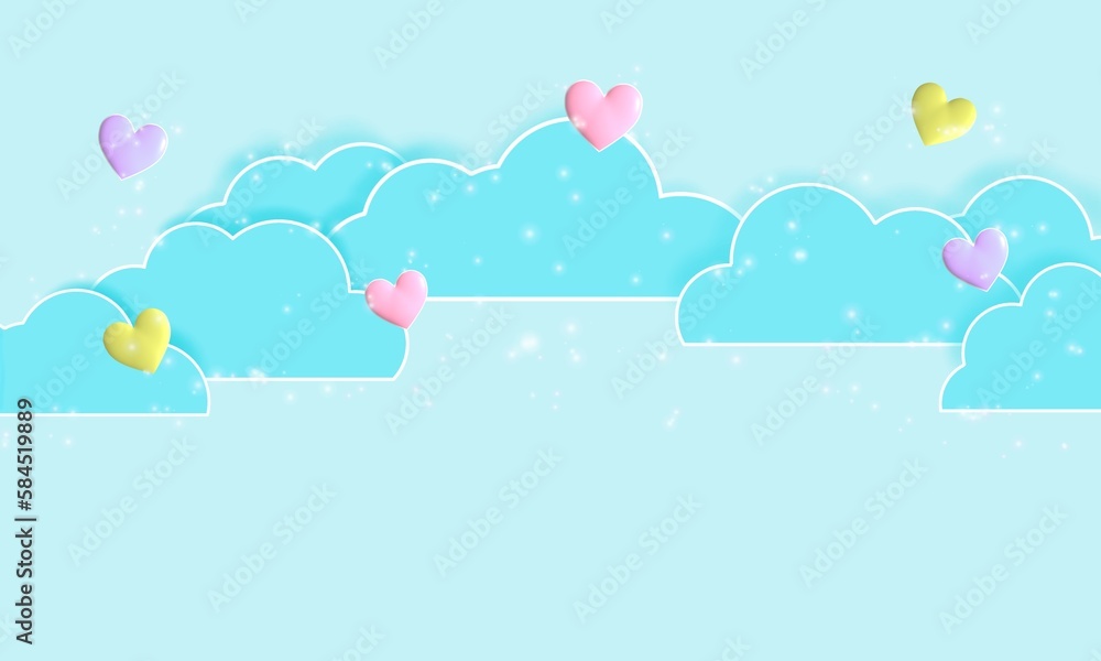 Paper-cut style background image. blue clouds and small hearts