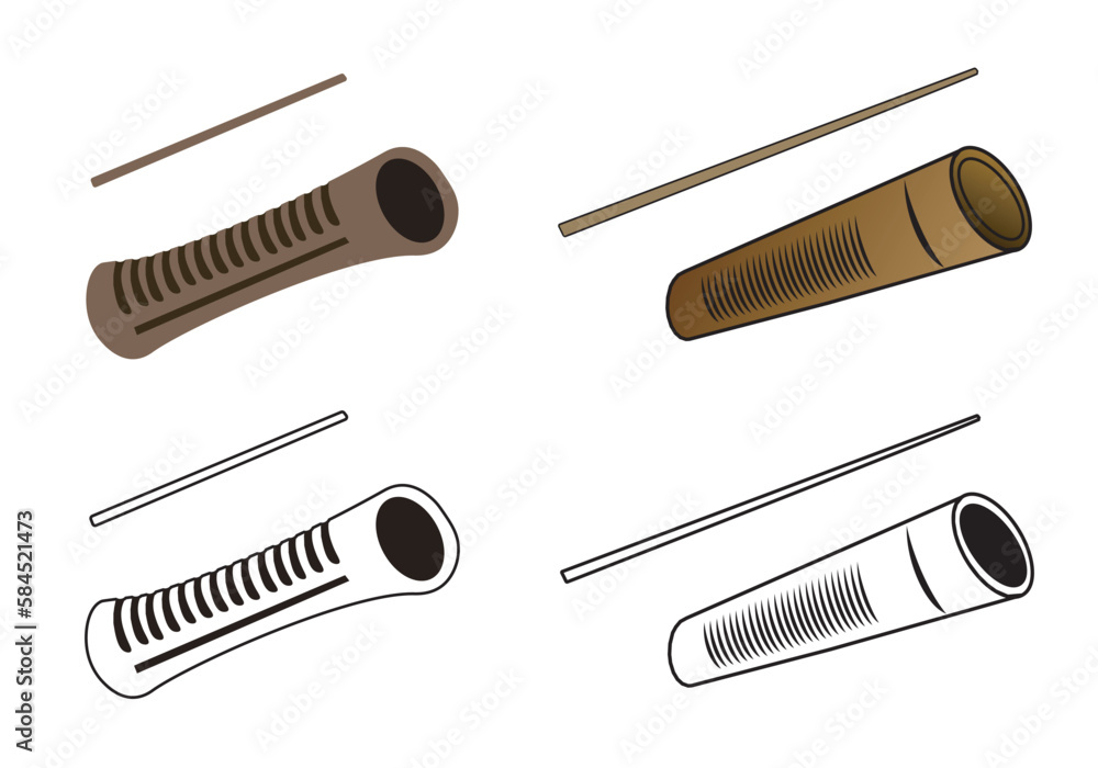 Set of reco-reco. It is a scraper used as a percussion musical instrument in the sport of capoeira. Vector drawing isolated on white background. - obrazy, fototapety, plakaty 