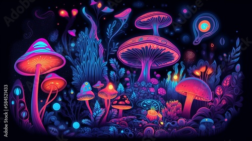 Neon, psychadelic mushrooms, bright colors, stars, planets - Generative AI © ImageMaster