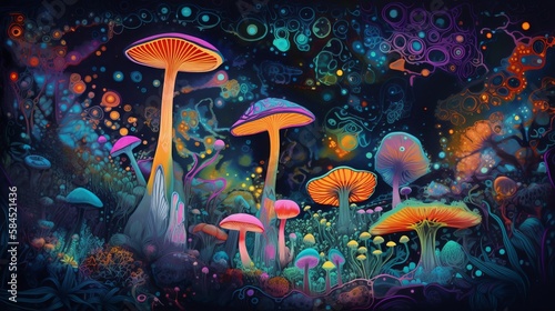 Neon, psychadelic mushrooms, bright colors, stars, planets - Generative AI