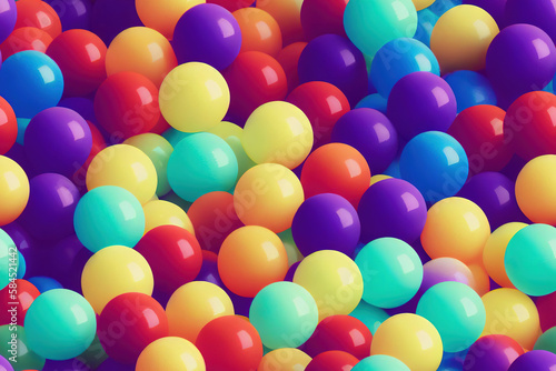 Seamless tile balls  plastic children s ballpit for a playground  party or children s event background image. Round balloons in rainbow bright colors. Generative AI.