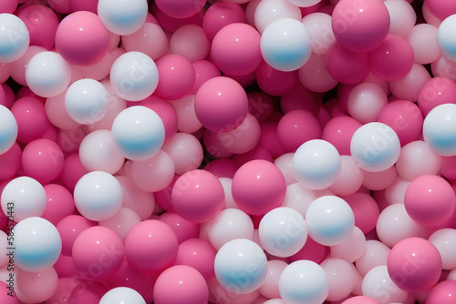 Seamless tile balls, plastic children's ballpit for a playground, party or baby shower background image. Round balloons in bubblegum pink. Generative AI.