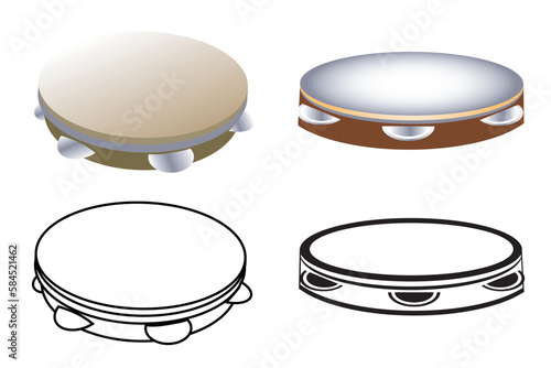 Set of Pandeiro. Musical instrumental drawing. This is a type of hand drum used in the sport capoeira and samba music. Vector illustration isolated on white background..