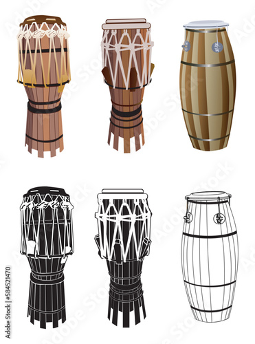 Set of atabaque. That musical instrument is a drum used in the sport called capoeira. Vector illustration isolated on white background.