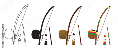  Sef of berimbau and caxixi. Musical instruments used in the sport called capoeira. Vector illustration isolated on white background.