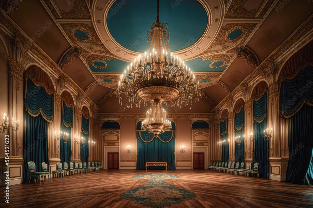 A grand ballroom with soaring ceilings, a crystal chandelier - Generative AI - obrazy, fototapety, plakaty 