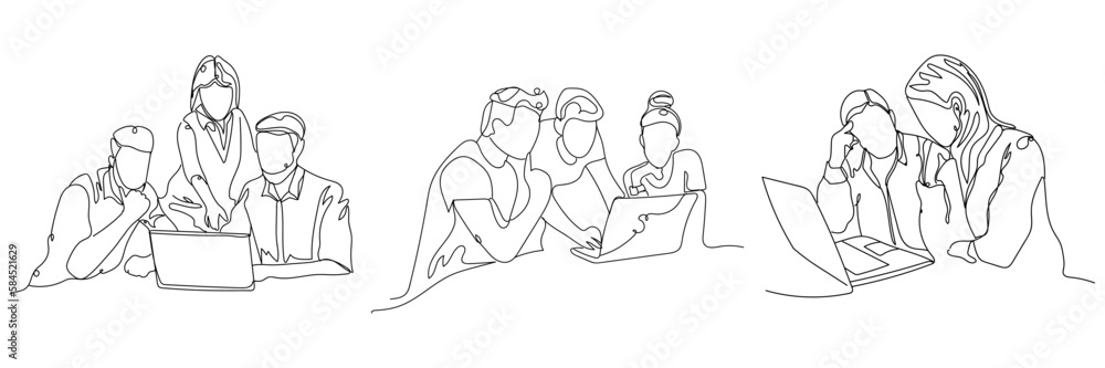 Set of drawn people with modern laptops on white background