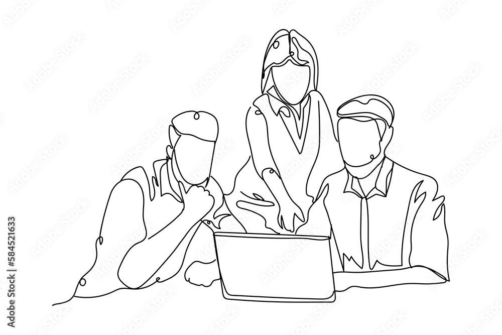 Drawn people with modern laptop on white background Drawn people with modern laptop on white background