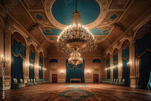 Fényképezés A grand ballroom with soaring ceilings, a crystal chandelier - Generative AI