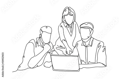 Drawn people with modern laptop on white background © Pixel-Shot
