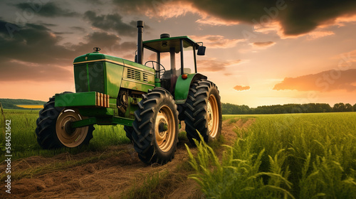 Tractor driving on a dirt road next to a field