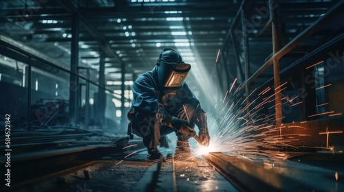 Where sparks fly: The intense world of industrial welding,Factory worker in protective mask welding iron parts, GENERATIVE AI