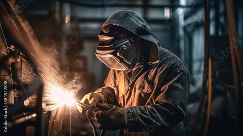 Where sparks fly: The intense world of industrial welding,Factory worker in protective mask welding iron parts, GENERATIVE AI