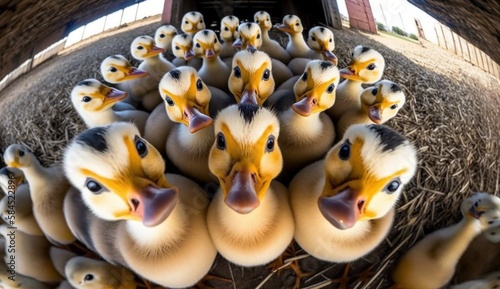 A group of ducks in a barn. generative ai