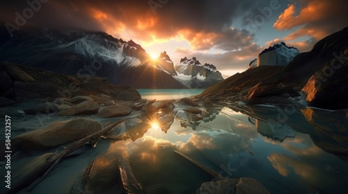 Stunning Sunset and Sunrise over Snowy Mountains Photography and Lake - Experience the Beauty of Universe with this Breathtaking Landscape Shot, generative ai