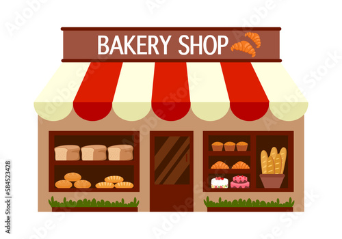Bakery shop building facade in flat design on white background.