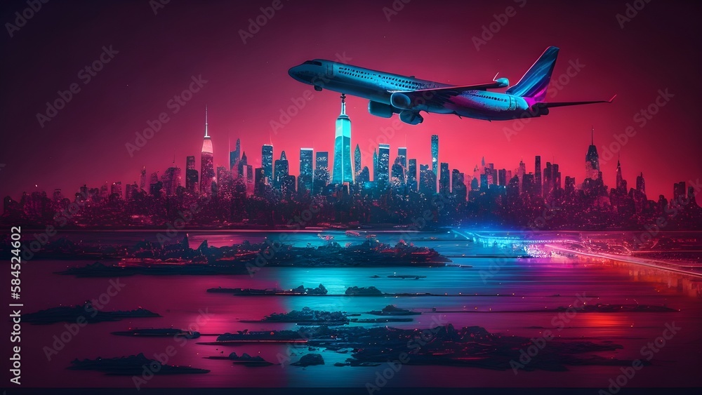 A plane in neon coloring flying over the glowing city of New York, a magnificent, beautiful view, art fantasy, generated in AI A plane in neon coloring flying over the glowing city of New York, a magnificent, beautiful view, art fantasy, generated in AI