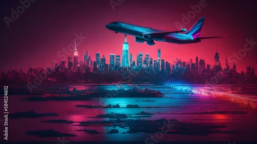 A plane in neon coloring flying over the glowing city of New York, a magnificent, beautiful view, art fantasy, generated in AI