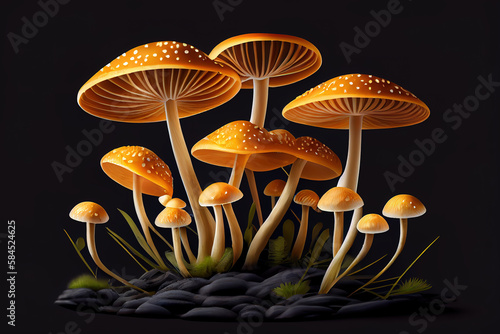 Shimeji mushrooms in front of black background. Generative Ai