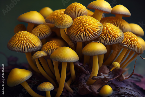 Sulphur tuft or clustered woodlover (Hypholoma fasciculare) mushrooms. Generative Ai